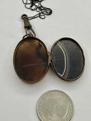Victorian Double Sided Oval Banded Agate & Agate Locket Pendant Necklace 18”