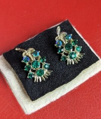 Vintage Green Peacock Blue Aurora Borealis AB Glass CLIP Earrings Feather Leaf