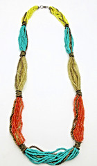 VTG MODERN ? 36″ LONG CHUNKY SEED BEAD necklace turquoise blue color gold tone