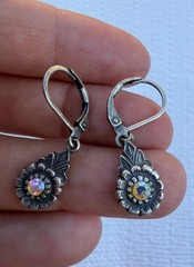 Vintage Silver Flower Earrings Aurora Borealis Rhinestone Leverback Dangle
