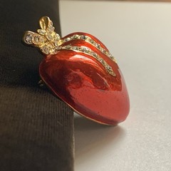 Vintage Red Enamel Puffy Heart with Rhinestone Gold tone Bow Pin Brooch