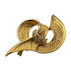 Ribbon Brooch Abstract Design Three Clear Rhinestones Textured Gold Tone Vtg