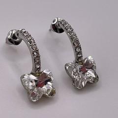 Earrings Butterfly Rhinestone Arch Curve Silver Tone Metal Pierced Jewelry