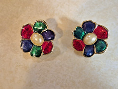 Vtg Clip Earrings 1980s-1990s Red Green Blue Floral w Faux Pearls Enamel Pretty