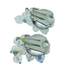 Vintage silver tone aurora borealis crystal glass beaded cluster clip earrings
