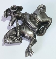 Vintage Pewter? Brooch: Medieval Soldier Blowing Horn on Galloping Horse