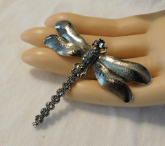 Dragonfly Black Crystal Rhinestone Brooch Vintage Pin Signed JHS