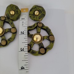 Vintage 1980s Green Wheel Dangle Clip On Statement Earrings Runway Lightweight