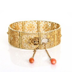 Antique Italian Gilt Silver Filigree Panel Bracelet, Natural Salmon Coral Drops