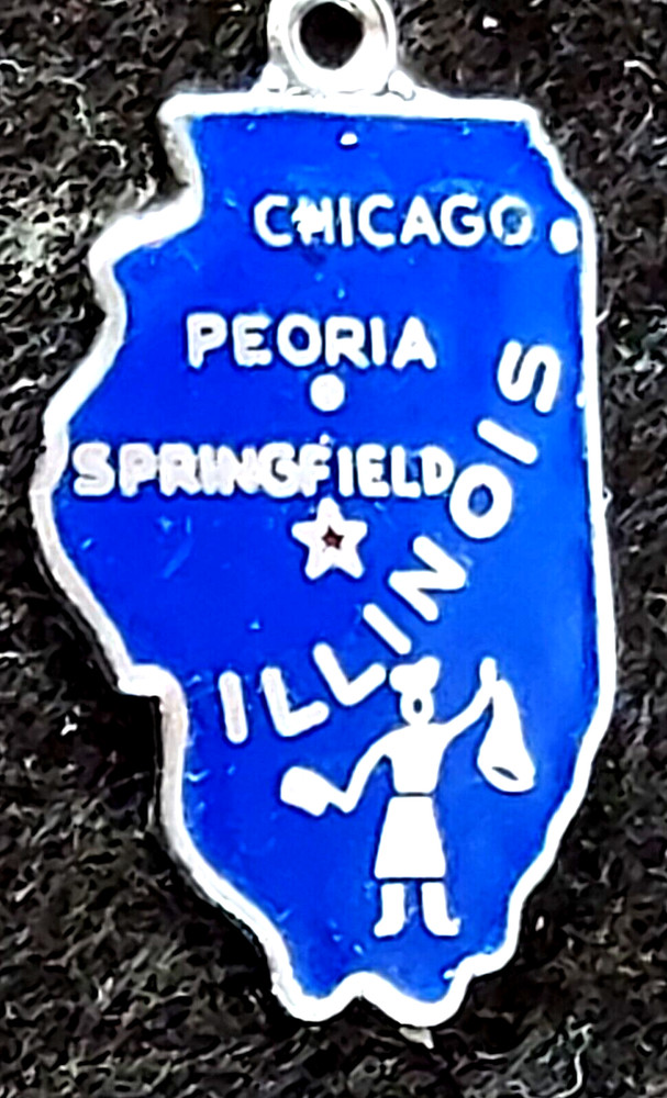 Vintage ENAMELED Sterling Silver ILLINOIS MAP Charm for Charm Bracelet, 2.46g
