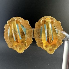 Vintage JOMAZ Joseph Mazer Turquoise Blue Poured Glass Gold Tone Clip Earrings
