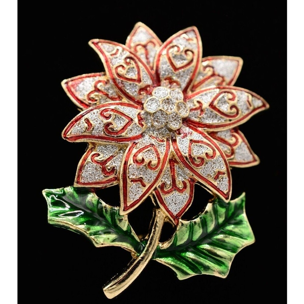 Vintage Christmas Flower Pin Brooch Glitter Enamel Red Silver Gold NOS BinA3