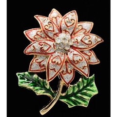 Vintage Christmas Flower Pin Brooch Glitter Enamel Red Silver Gold NOS BinA3