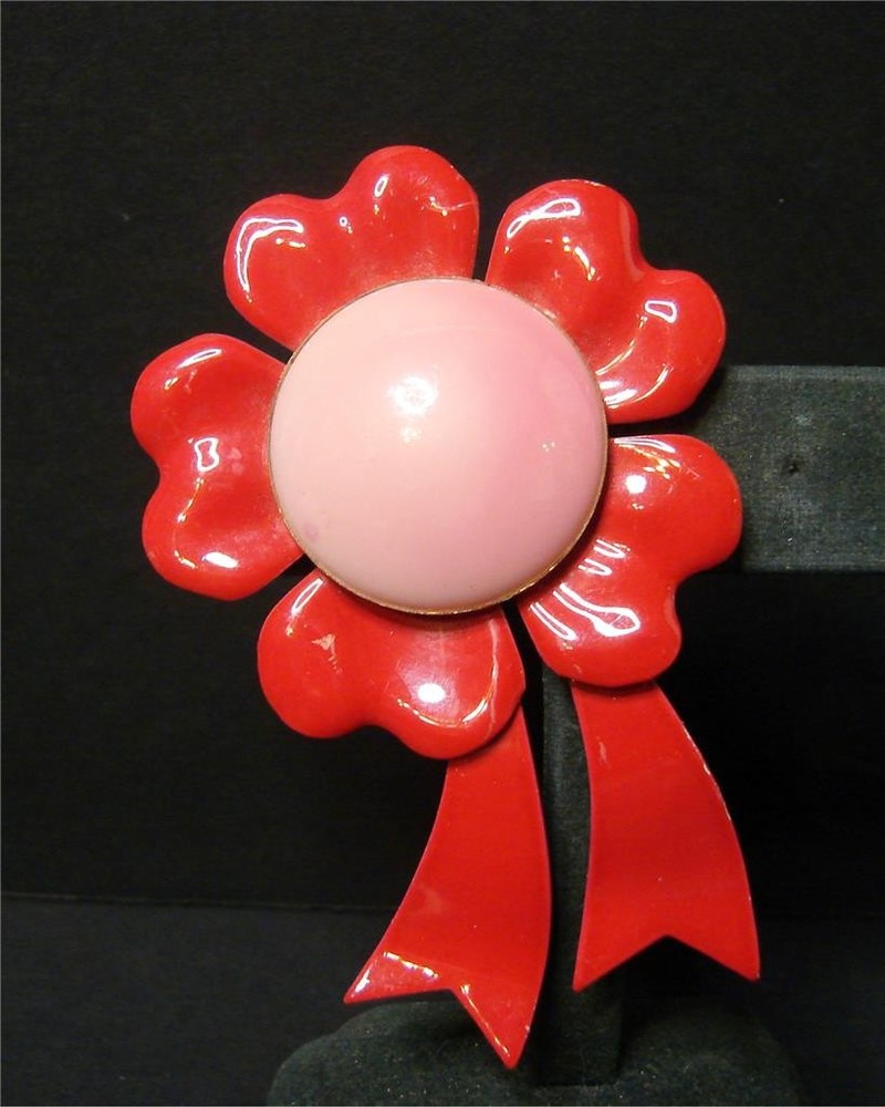 Vintage Retro Mod 60’s Rare Red & Pink Enamel Metal Daisy Flower Ribbon Pin Broo