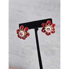 Vintage Red Floral Stud Earrings Rhinestone Rose Enamel Gold Tone