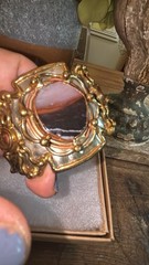 Vtg Mixed Metals Agate Stone Hammered Brutalist Style Cuff Bracelet
