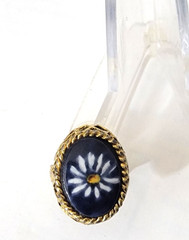 Vintage Blue Glass Ring Floral Dome Gold Tone Metal Band Adjustable Etched