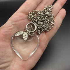 Vintage Clear Lucite Heart Pendant Necklace Silver Tone Leaf Cap Chain Retro 70s