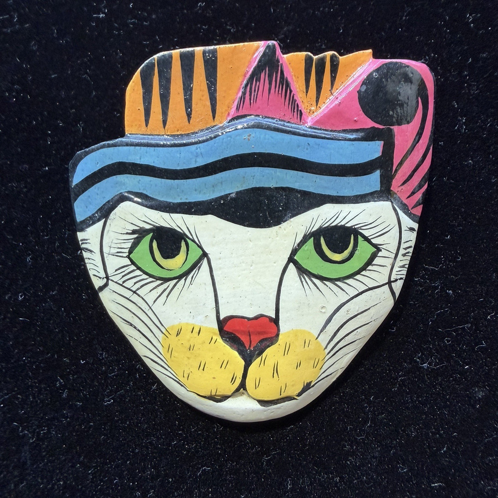 Vintage Cat Brooch Whimsical Pin Hand Painted Wood Funky 1980’s-1990’s