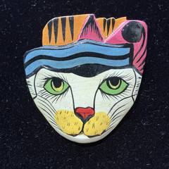 Vintage Cat Brooch Whimsical Pin Hand Painted Wood Funky 1980’s-1990’s