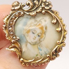 Victorian 15k 18k Yellow Gold Handmade Brooch Hand Painted Blonde Red Head Woman