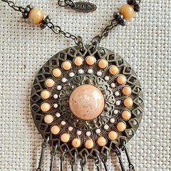 VTG VCLM Signed Boho Statement Medallion Necklace Peach Wood Bead Fringe Fringe