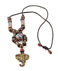 Elephant Pendant Necklace w Millefiori African Trade Beads Wood & Metal Beads