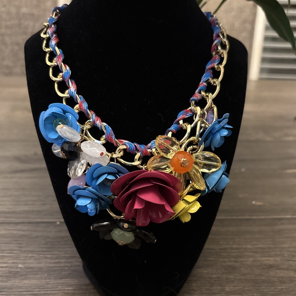Modern Vintage Colorful Enamel Metal Flower Beaded Statement Necklace 15-17”