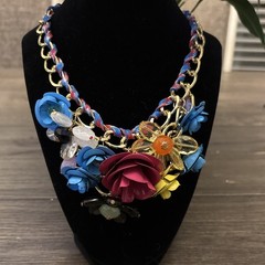 Modern Vintage Colorful Enamel Metal Flower Beaded Statement Necklace 15-17”