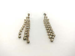 Vintage Earrings Silver Tone Clear Rhinestone Chandelier Dangle Drop Clip On