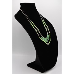 Vintage Green Cabochon Beaded Necklace Green Faux Jade Silver Tone Layered Bin2C