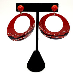 Large Metal Hoop Red Black White Enamel Hand Painted Pierced Vintage Earrings