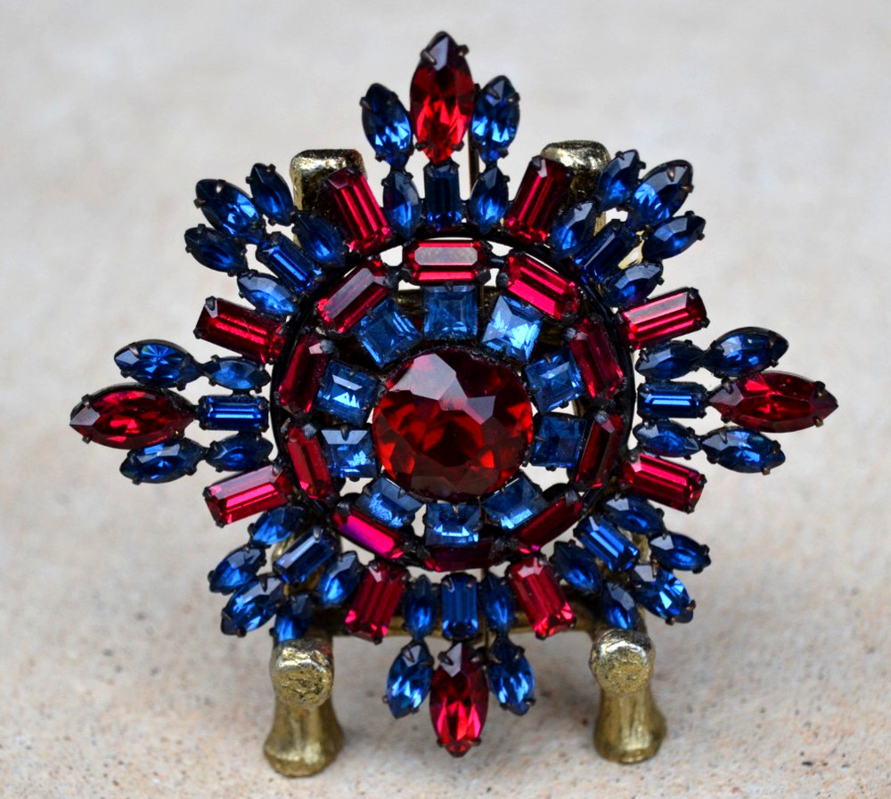 SCHREINER Maltese Cross Brooch RED/BLUE Rhinestones Unsigned Book Piece 3.5 in.