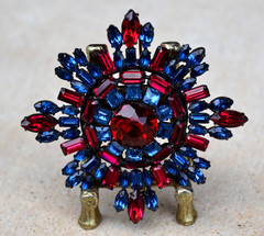 SCHREINER Maltese Cross Brooch RED/BLUE Rhinestones Unsigned Book Piece 3.5 in.