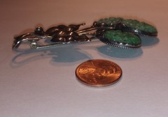 Vintage Chinese Carved Jadeite 3 Flowers Sterling Silver Leaves Brooch Jade Pin