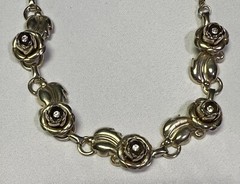 Vintage Gold Tone Rhinestone Floral Rose Link Necklace Choker – 15.5 inches