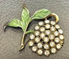 Vintage Art Deco Large Fruit Leaf Brooch Enamel & Rhinestone Pot Metal Pin