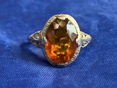 Vtg 14K White Gold Ring 3.51g Fine Jewelry Sz 7.5 Amber Color Oval Stone Prong