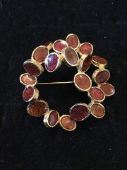 D’ORLAN Gold Plated Abstract Modernist Circle Brooch With Amber Enamel-Lovely