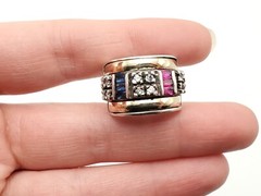 Vintage Sterling Gold Inlay Multi Gemstone Ruby Sapphire Wide Ring Band Sz 5.25
