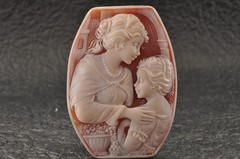 Vintage hexagon shape shell cameo “Mother and Daughter” (68.5ct) sign by artist.