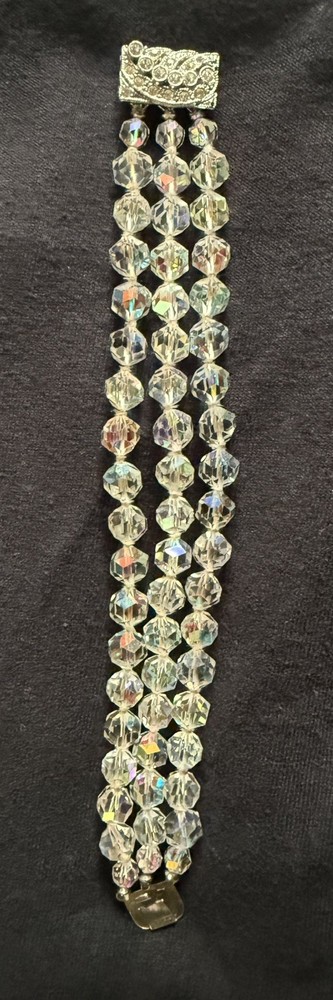 Vintage Triple Strand 7″ Aurora Borealis Bracelet with Decorative Clasp Closure