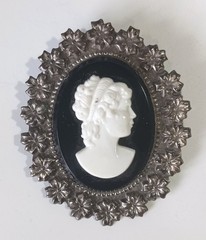 Vintage Celluloid Black, White & Silver Floral Cameo Portrait Brooch