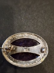 Sterling Silver Amethyst Cabochon Brooch Pin Marked STER Modernist Open Back