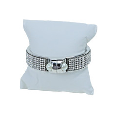 Silver Rhinestone Cuff Bracelet Faux Pearl Accent Hinged Statement Bangle