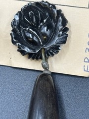 VTG MASHA ARCHER HAND CARVED ROSES/COW BONE. DANGLES OF TINTED BUFFALO HORN.