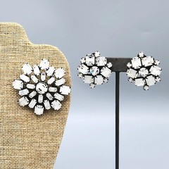 Vintage High End White Givre Baguette Emerald Cut Glass Japanned Brooch Earrings