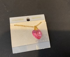 Vintage Australian Crystal PINK Heart Pendant Gold Tone Necklace NOS