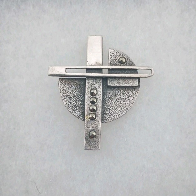 Vintage Sterling Marcasite Modernist Brooch Brutalist Geometric Abstract Pin