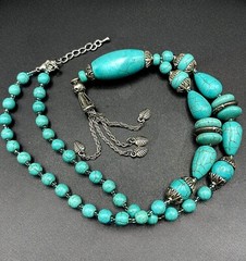 CHINESE TURQUOISE Necklace 70s Tassel Y-Drop 18” Silver Plated Statement #1 EUC